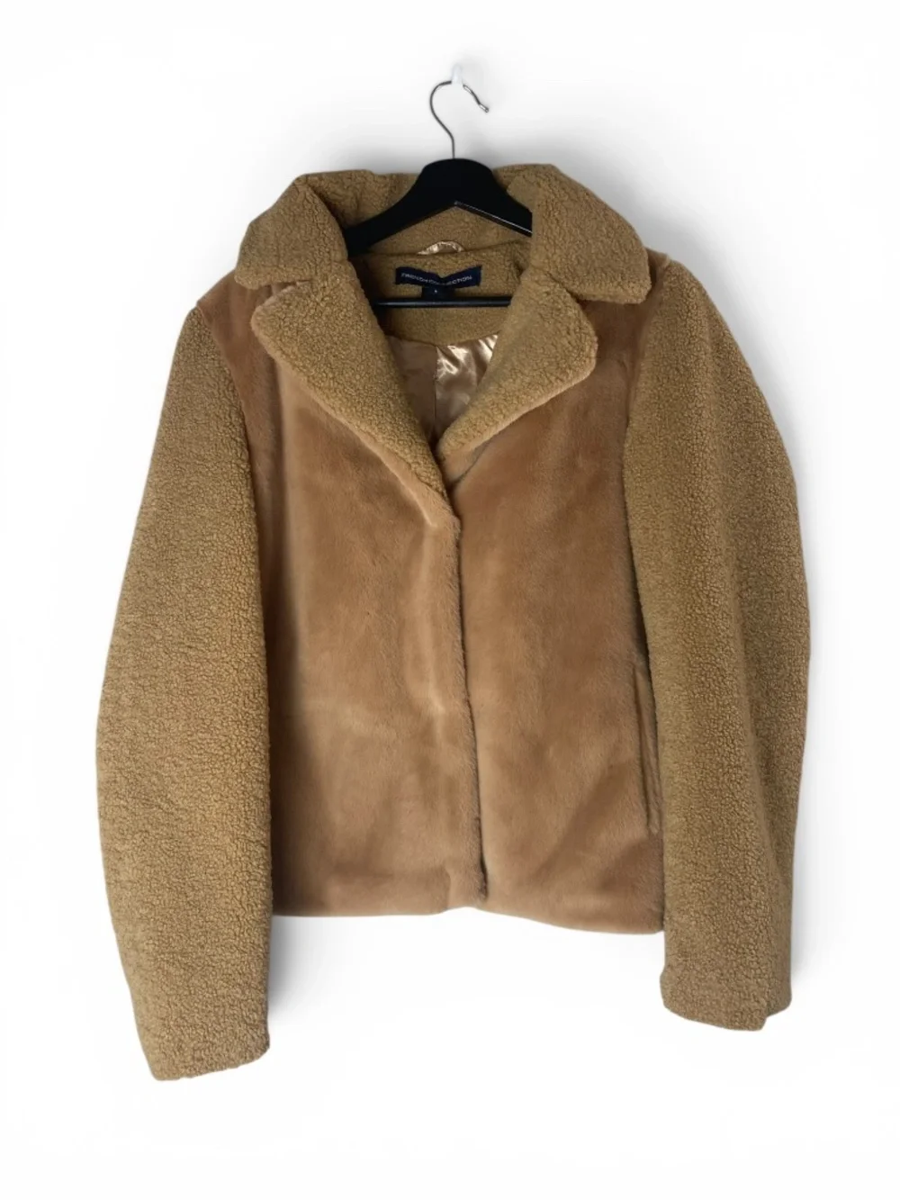 French Connection Camel Faux Fur Teddy Mixed media Short Jacket Coat Size S - Picture 1 of 9